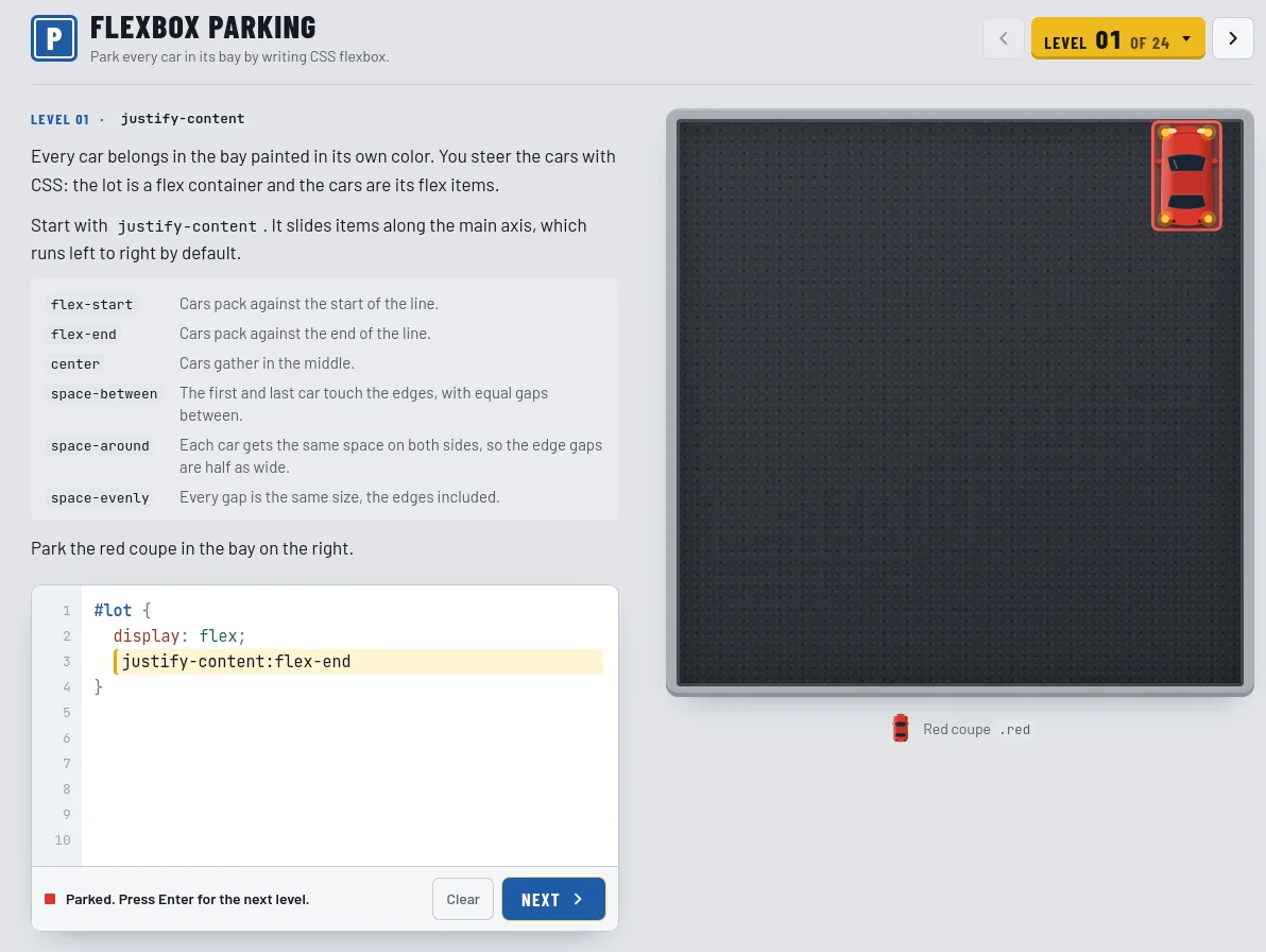 Flexbox Parking game screenshot