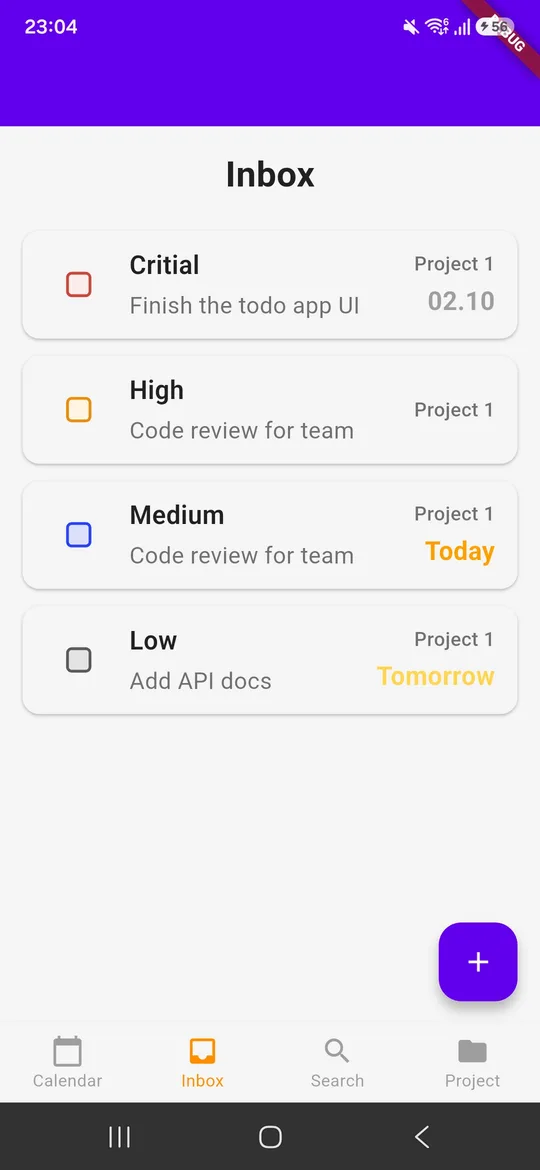 ToDo App inbox with tasks sorted by priority